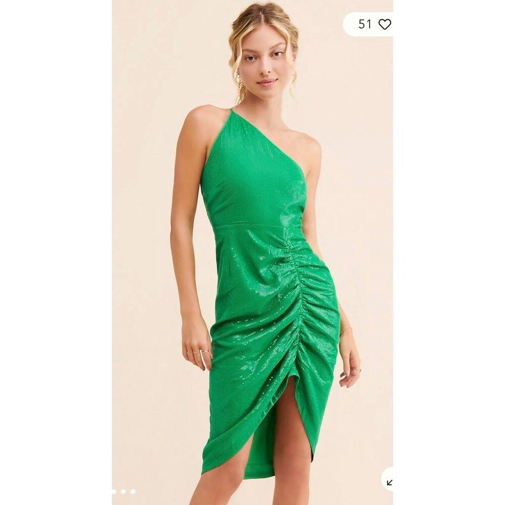 Anthropologie Green One-Shoulder Ruched Midi Dress
